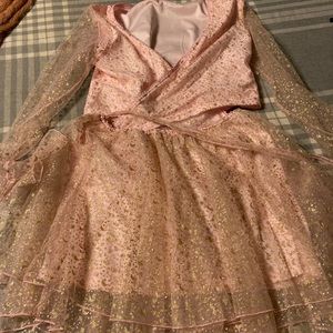 Dolls Kill- Sugar Thrillz- pink and gold glitter star and moon skirt crop top L